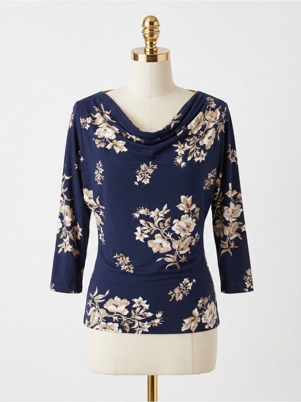 Joules Floral Cowl Neck Top 3/4 Sleeve Navy Blue Gold Botanical Blouse Size 6